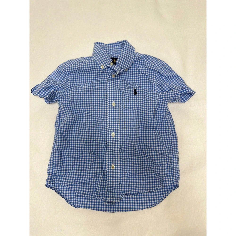 Ralph Lauren Button Down Shirt Toddler Boy 3/3T Blue Gingham Short Sleeve Good